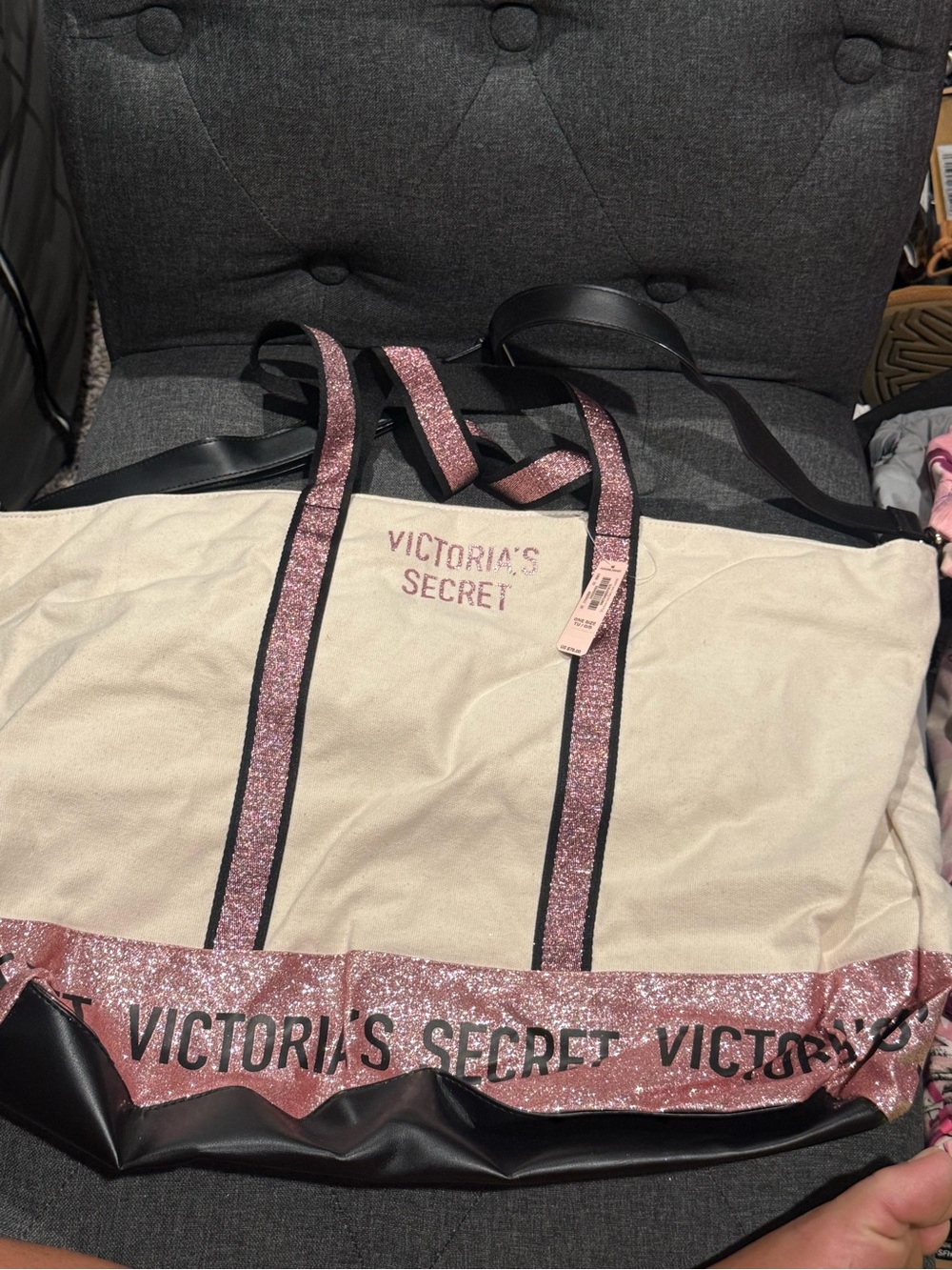 Victoria's Secret Cream Canvas Tote with Pink Glitter Trim